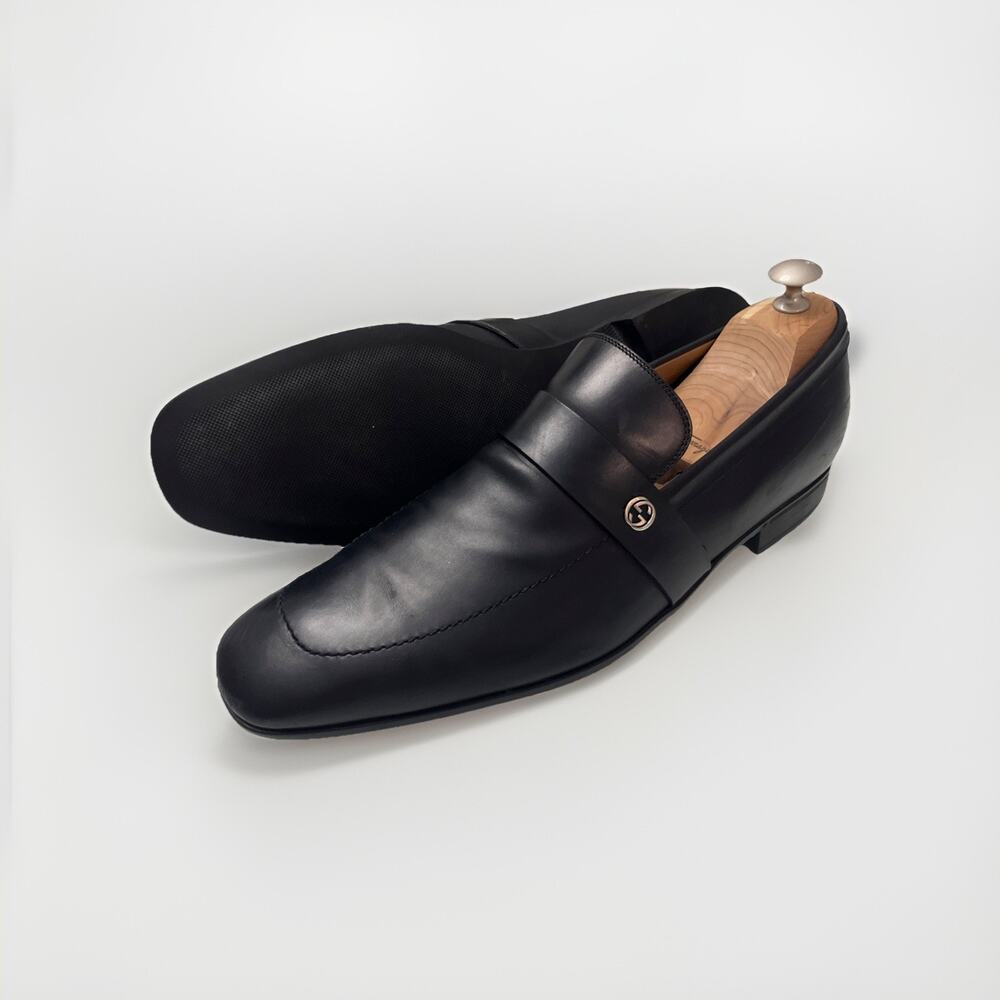Gucci Black Leather GG Buckle Shoes Loafers Mens UK 9.5 US 10.5
